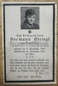 dc011 - German WW2 death card - kia September 1943 Eastern Front - Obergefreiter Grenadiere Infantry Hermann Striegl
