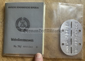 ac450 - NVA WDA Wehrdienstausweis document with dog tag - c1984 Halle/Saale