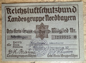 ac707 - c1938 RLB Reichsluftschutzbund Northern Bavaria membership card