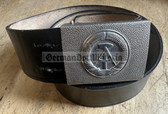 wo057 - black leather conscript soldier & NCO issue riot police BePo belt - 100cm long - marked MdI