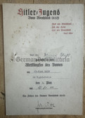 ac957 - c1939 HJ Hitler Youth Bann 419 3rd winner certificate - shot putting