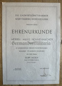 ac965 - c1944 25 years work service award certificate - with embossed eagle - Hans Nonnenmacher from Stuttgart