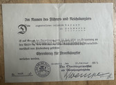 wd004 - c1935 award certificate for the Hindenburg Cross with Swords for WW1 frontline service - man from Schwerin