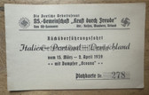 ad028 - KdF Kraft durch Freude ticket for the Steamer Oceana - c1939 cruise Italy/Portugal/Germany