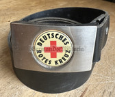 gw183 - DRK Deutsches Rotes Kreuz - West German Red Cross - black leather belt with buckle - 125cm long