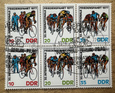 od180 - East German postage stamp set - c1977 Friedensfahrt international cycling race - with special event cancellation