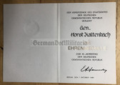 od034 - c1989 award cert for the 40th anniversary of the DDR medal