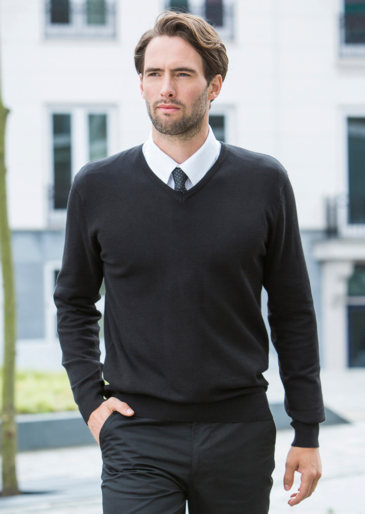 Henbury Lightweight Cotton Acrylic V Neck Sweater - Black, XS
