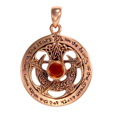 Copper Large Cut Moon Pentacle Pendant with Amber