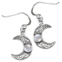 Sterling Silver Horned Moon Crescent Earrings with Rainbow Moonstone