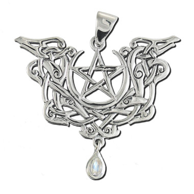 Sterling Silver Dragon Pentacle Pendant with Rainbow Moonstone
