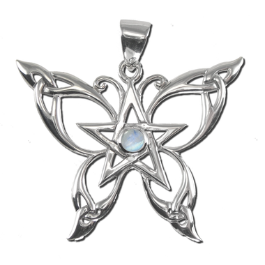 Sterling Silver Butterfly Pentacle Pendant with Rainbow Moonstone