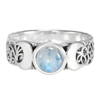 Sterling Silver Triple Crescent Moon Goddess with Rainbow Moonstone Ring