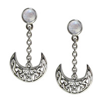 Sterling Silver Celtic Knot Crescent Moon Pentacle Earrings Rainbow Moonstone Jewelry