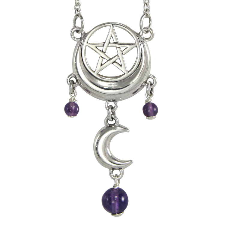 Moon Phase Pentacle with Amethyst Wiccan Pagan Pentagram Jewelry 