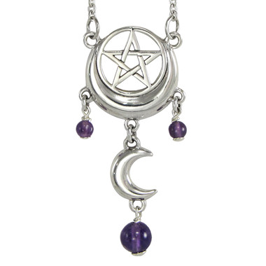 Sterling Silver Crescent Moon Pentacle Pentagram Necklace with Amethyst Gemstone Jewelry