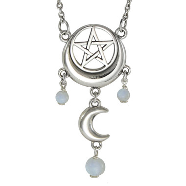 Sterling Silver Crescent Moon Pentacle Necklace with Rainbow Moonstone