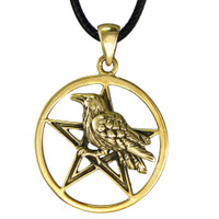 Bronze Raven Crow Pentacle Pendant - Wiccan Pagan Jewelry