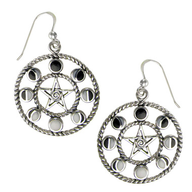 Large Sterling Silver Pentacle Pentagram Moon Phase Dangle Earrings