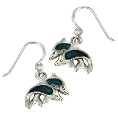 Sterling Silver Blue Dolphin Dangle Earrings with Lustrous Blue Enamel