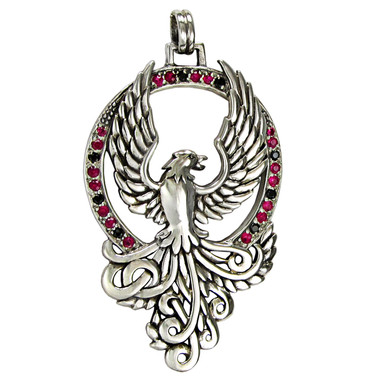 Large Sterling Silver Majestic Firebird Phoenix Pendant Jewelry with Crystal Accents