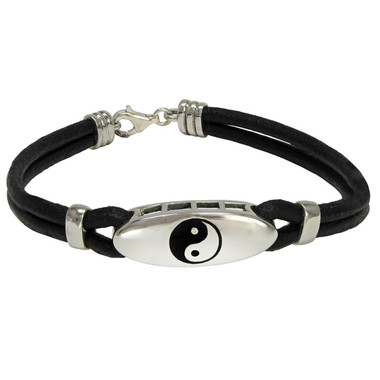 Sterling Silver Yin Yang Bracelet Taoist Balance Symbol with Genuine Leather