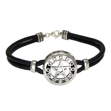Sterling Silver Moon Phases Pentacle Pentagram Bracelet with Genuine Leather Strand