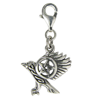 Sterling Silver Flying Raven Pentacle Clip Charm Wiccan Pentagram Pagan Jewelry