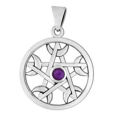 Sterling Silver Moon Entwined Pentacle Pendant with Amethyst