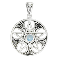 Sterling Silver Celtic Knot Entwined Pentacle Pendant with Rainbow Moonstone