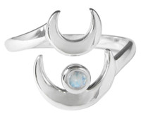 Silver Crescent Moon Goddess Ring with Rainbow Moonstone