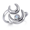 Silver Crescent Moon Goddess Ring with Rainbow Moonstone