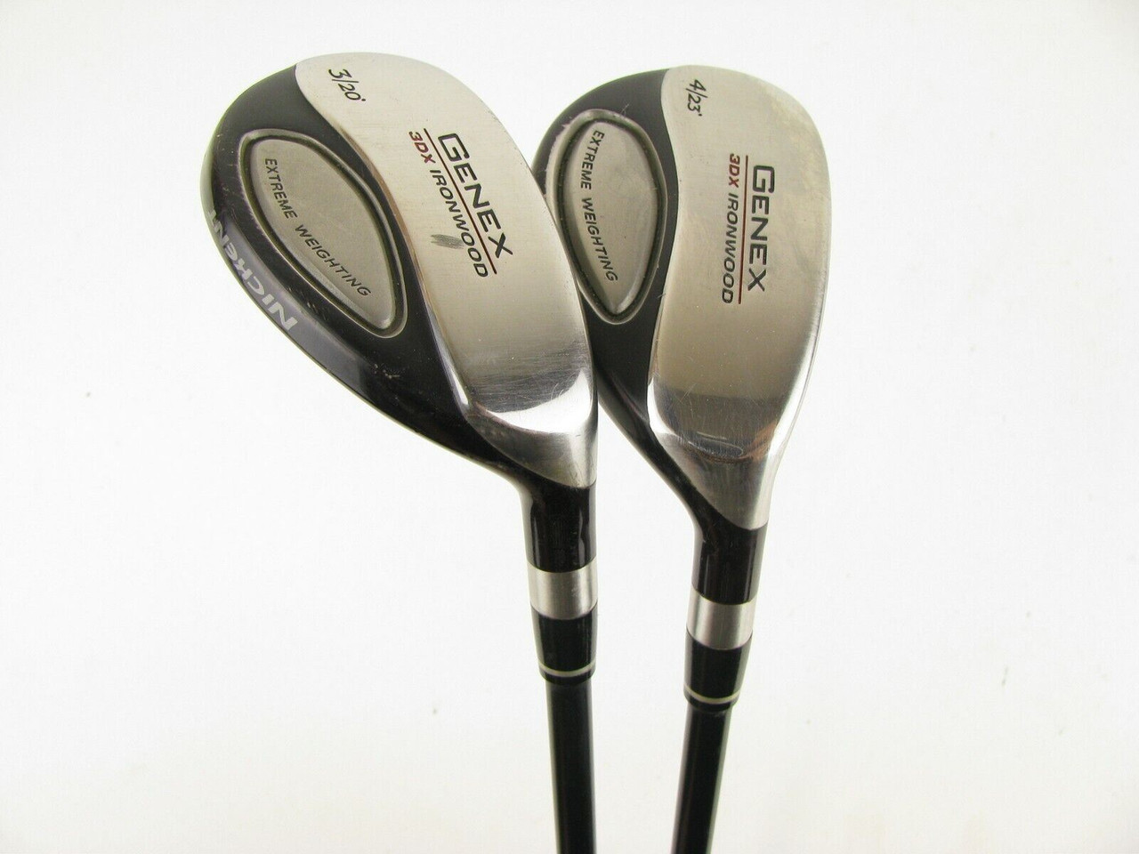 Set of 2 Nickent Genex 3DX ironwood Hybrids 3/20 and 4/23 with Graphite Stiff Clubs n Covers Golf