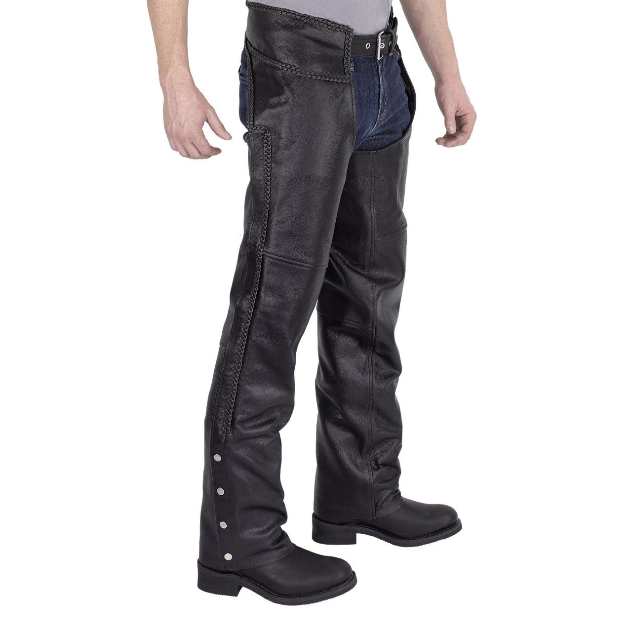 4Fit Unisex Braided Black Leather Biker Motorcycle Chaps New All Sizes 4XL