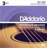 D'Addario EJ26-3D Phosphor Bronze Custom Light 11-52 Acoustic Guitar Strings 3 Sets