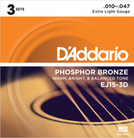 D'Addario EJ15-3D Phosphor Bronze Extra Light 10-47 Acoustic Guitar Strings 3 Sets