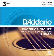 D'Addario EJ16-3D Phosphor Bronze Light 12-53 Acoustic Guitar Strings 3 Sets