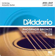 D'Addario EJ38 Phosphor Bronze Light 10-47 12-string Acoustic Guitar Strings
