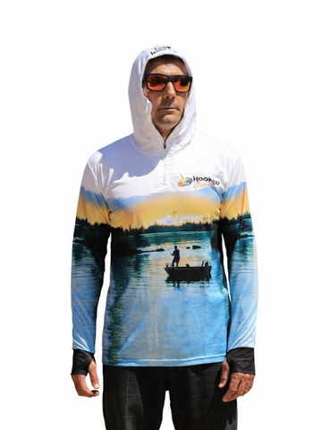 Lightweight quick-dry fishing hoodie being worn in the Australian sun - ARPANSA certified.