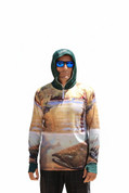 Lightweight quick-dry fishing hoodie being worn in the Australian sun - ARPANSA certified.