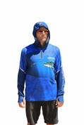 Lightweight quick-dry fishing hoodie being worn in the Australian sun - ARPANSA certified.