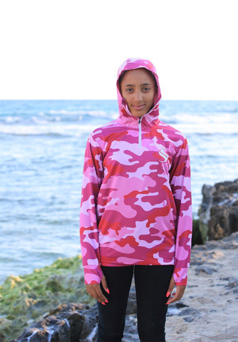 Kids Pink Camo Sun Safe Hoodie - ARPANSA Certified UPF 50+ - Hooked Gear Original Design