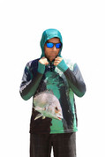 Lightweight quick-dry fishing hoodie being worn in the Australian sun - ARPANSA certified.