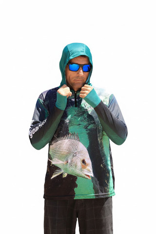 Lightweight quick-dry fishing hoodie being worn in the Australian sun - ARPANSA certified.