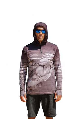 Lightweight quick-dry fishing hoodie being worn in the Australian sun - ARPANSA certified for best UPF50+ protection.
