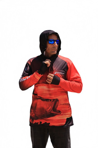 Lightweight quick-dry fishing hoodie being worn in the Australian sun - ARPANSA certified.
