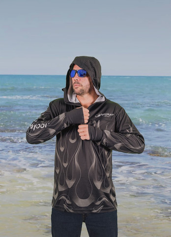 Fish Smart with our Sun Safe Fishing Shirt Hoodies. 
Black Flame design.