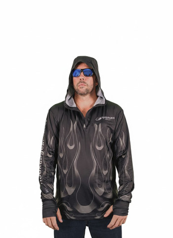 Lightweight quick-dry fishing hoodie being worn in the Australian sun - ARPANSA certified.