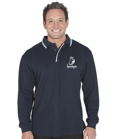 HOOKED LONG SLEEVE CONTRAST POLO. Excellent SunSmart 50 UPF rating. Avail in sizes S-3XL