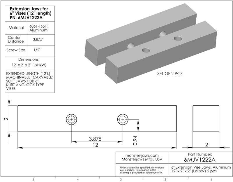 12 x 2 x 2 oversized extension aluminum soft jaws for 6 vises
